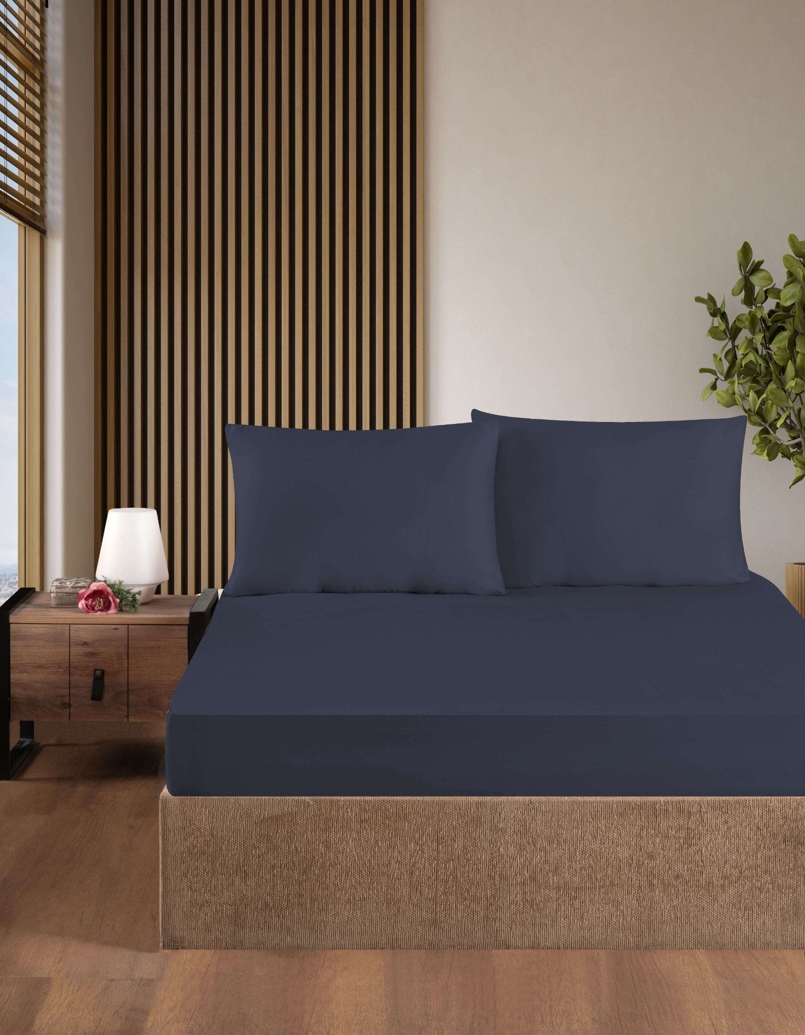 Creative Home Bed Sheets Fitted Sheet Set including 1 Fitted Sheet 2 Pillowcases 3 pcs Set - Eclipse Blue bed sheets on a bed in a bedroom with a lamp and plant, BS-FC-FSS-Eclps-Q,BS-FC-FSS-Eclps-K