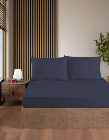 Creative Home Bed Sheets Fitted Sheet Set including 1 Fitted Sheet 2 Pillowcases 3 pcs Set - Eclipse Blue bed sheets on a bed in a bedroom with a lamp and plant, BS-FC-FSS-Eclps-Q,BS-FC-FSS-Eclps-K