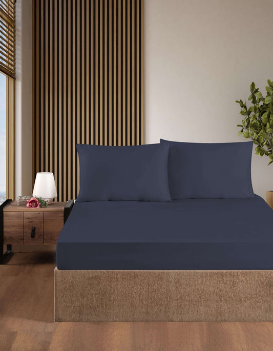 Creative Home Bed Sheets Fitted Sheet Set including 1 Fitted Sheet 2 Pillowcases 3 pcs Set - Eclipse Blue bed sheets on a bed in a bedroom with a lamp and plant, BS-FC-FSS-Eclps-Q,BS-FC-FSS-Eclps-K