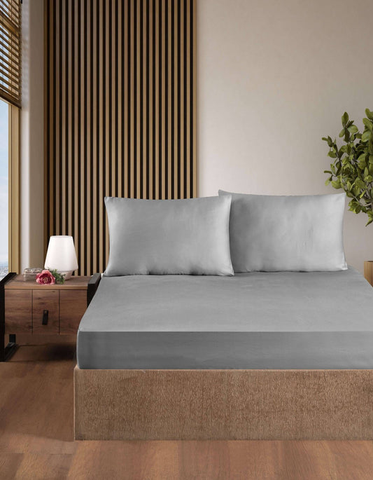 Creative Home Bed Sheets Fitted Sheet Set including 1 Fitted Sheet 2 Pillowcases 3 pcs Set - Gray bed sheets on a bed in a bedroom with a lamp and plant, BS-FC-FSS-Gray-Q,BS-FC-FSS-Gray-K