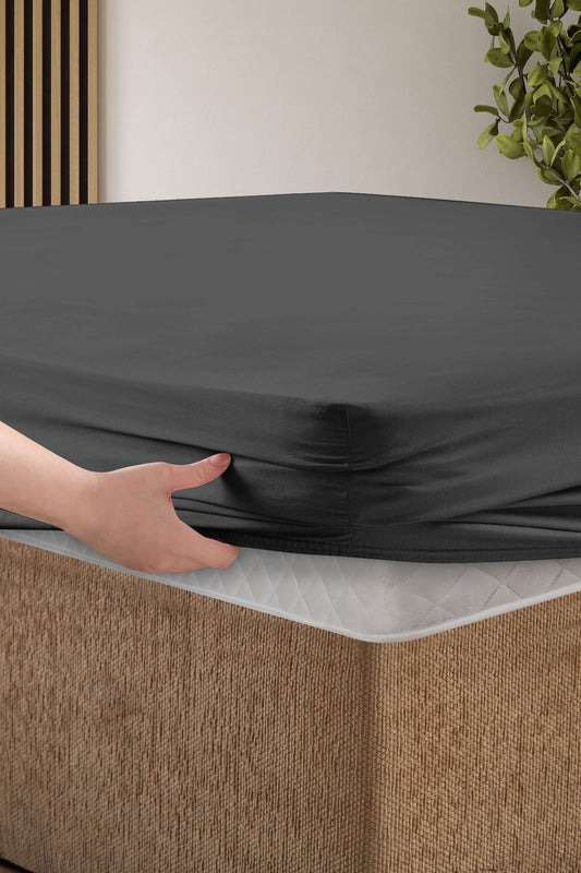 Creative Home Bed Sheets Fitted Sheet Set including 1 Fitted Sheet 2 Pillowcases 3 pcs Set - Anthracite color bed sheets on a bed in a bedroom with a lamp and plant, BS-FC-FSS-Anthcte-Q,BS-FC-FSS-Anthcte-K