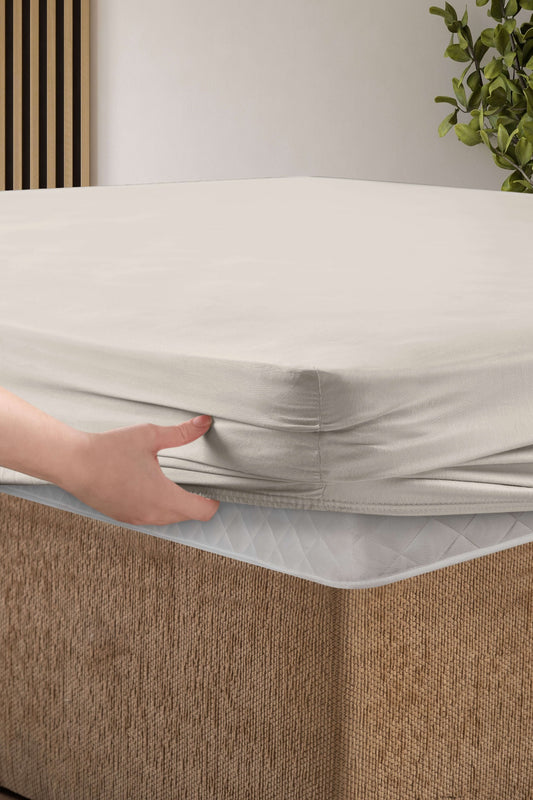 Creative Home Bed Sheets Fitted Sheet Set including 1 Fitted Sheet 2 Pillowcases 3 pcs Set - Beige bed sheets on a bed in a bedroom with a lamp and plant, BS-FC-FSS-Beige-Q,BS-FC-FSS-Beige-K
