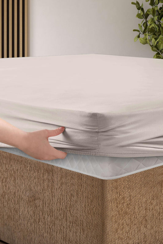 Creative Home Bed Sheets Fitted Sheet Set including 1 Fitted Sheet 2 Pillowcases 3 pcs Set - Champagne color bed sheets on a bed in a bedroom with a lamp and plant, BS-FC-FSS-Chmpgn-Q,BS-FC-FSS-Chmpgn-K