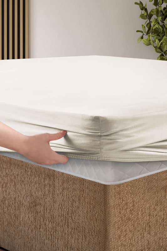 Creative Home Bed Sheets Fitted Sheet Set including 1 Fitted Sheet 2 Pillowcases 3 pcs Set - Cream color bed sheets on a bed in a bedroom with a lamp and plant, BS-FC-FSS-Cream-Q,BS-FC-FSS-Cream-K