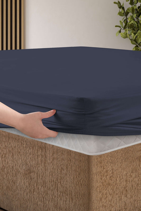Creative Home Bed Sheets Fitted Sheet Set including 1 Fitted Sheet 2 Pillowcases 3 pcs Set - Eclipse Blue bed sheets on a bed in a bedroom with a lamp and plant, BS-FC-FSS-Eclps-Q,BS-FC-FSS-Eclps-K