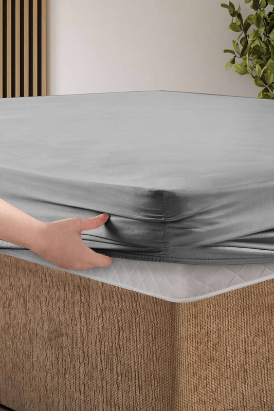 Creative Home Bed Sheets Fitted Sheet Set including 1 Fitted Sheet 2 Pillowcases 3 pcs Set - Dark Gray bed sheets on a bed in a bedroom with a lamp and plant, BS-FC-FSS-Gray-Q,BS-FC-FSS-Gray-K