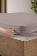 Creative Home Bed Sheets Fitted Sheet Set including 1 Fitted Sheet 2 Pillowcases 3 pcs Set - Mink color bed sheets on a bed in a bedroom with a lamp and plant, BS-FC-FSS-Mink-Q,BS-FC-FSS-Mink-K