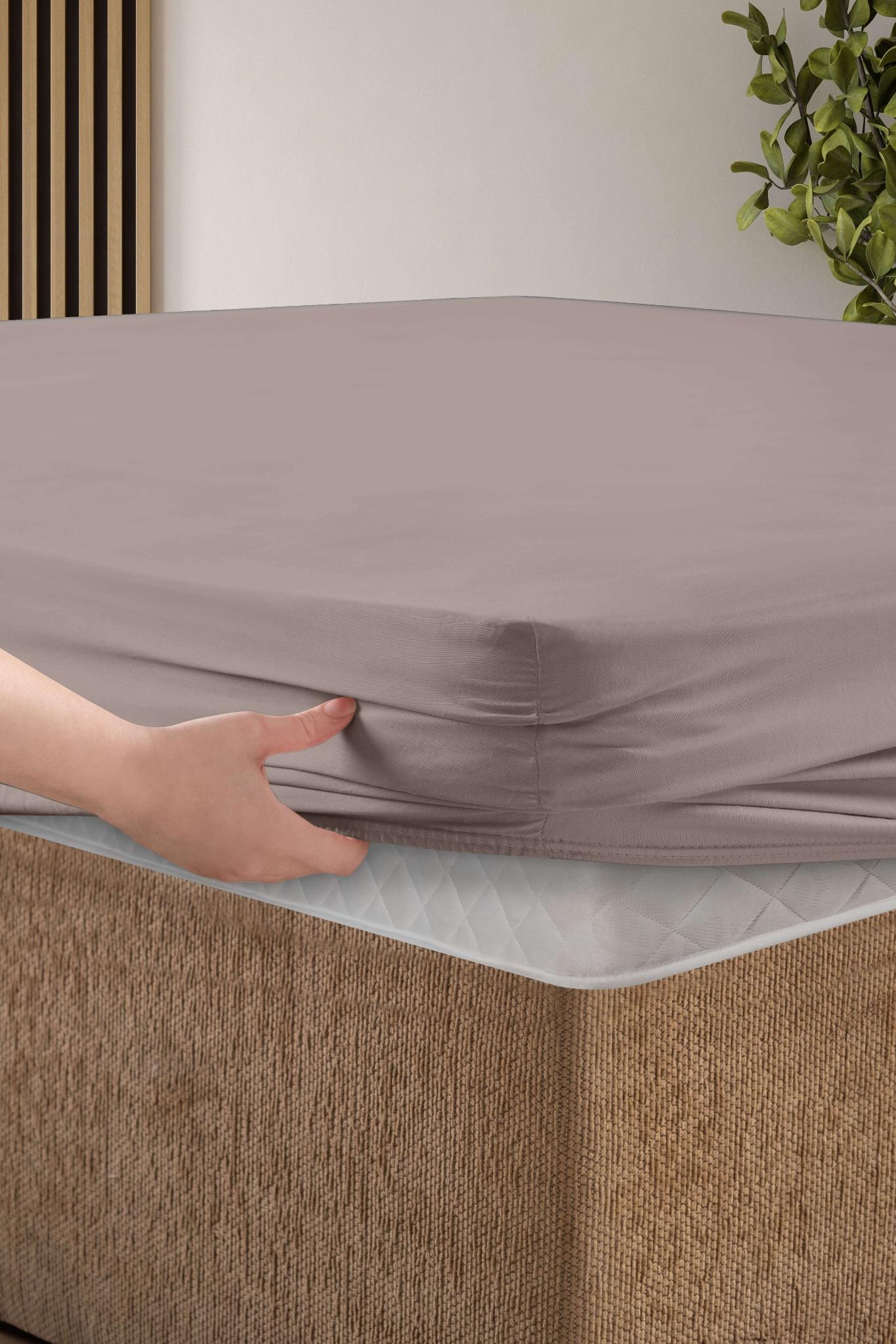 Creative Home Bed Sheets Fitted Sheet Set including 1 Fitted Sheet 2 Pillowcases 3 pcs Set - Mink color bed sheets on a bed in a bedroom with a lamp and plant, BS-FC-FSS-Mink-Q,BS-FC-FSS-Mink-K