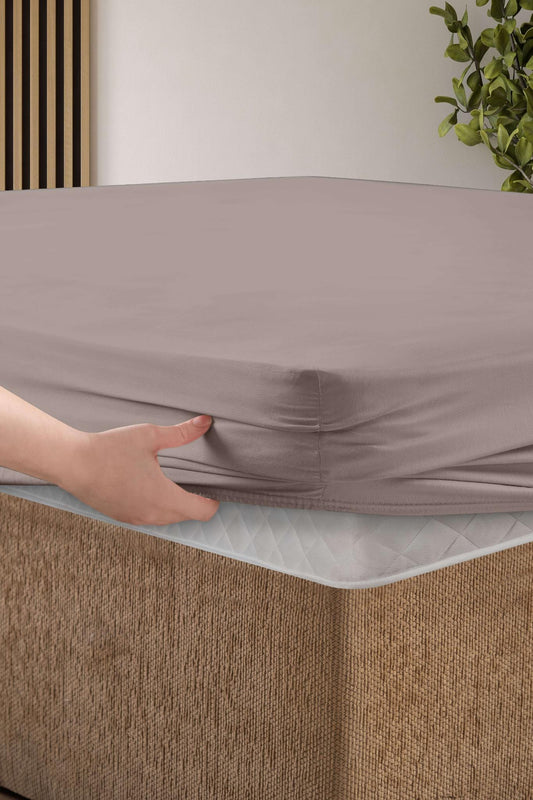 Creative Home Bed Sheets Fitted Sheet Set including 1 Fitted Sheet 2 Pillowcases 3 pcs Set - Mink color bed sheets on a bed in a bedroom with a lamp and plant, BS-FC-FSS-Mink-Q,BS-FC-FSS-Mink-K