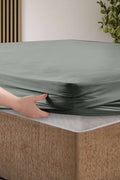 Creative Home Bed Sheets Fitted Sheet Set including 1 Fitted Sheet 2 Pillowcases 3 pcs Set - Moonmist Green bed sheets on a bed in a bedroom with a lamp and plant, BS-FC-FSS-Momist-Q,BS-FC-FSS-Momist-K