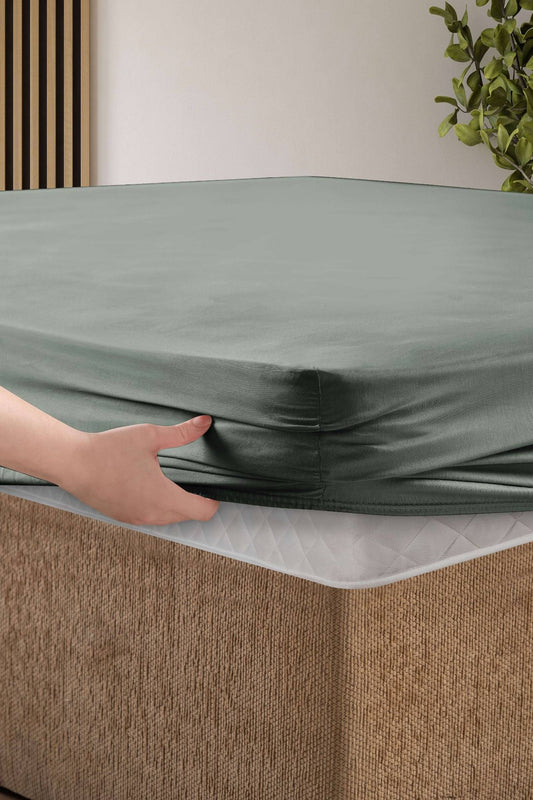 Creative Home Bed Sheets Fitted Sheet Set including 1 Fitted Sheet 2 Pillowcases 3 pcs Set - Moonmist Green bed sheets on a bed in a bedroom with a lamp and plant, BS-FC-FSS-Momist-Q,BS-FC-FSS-Momist-K