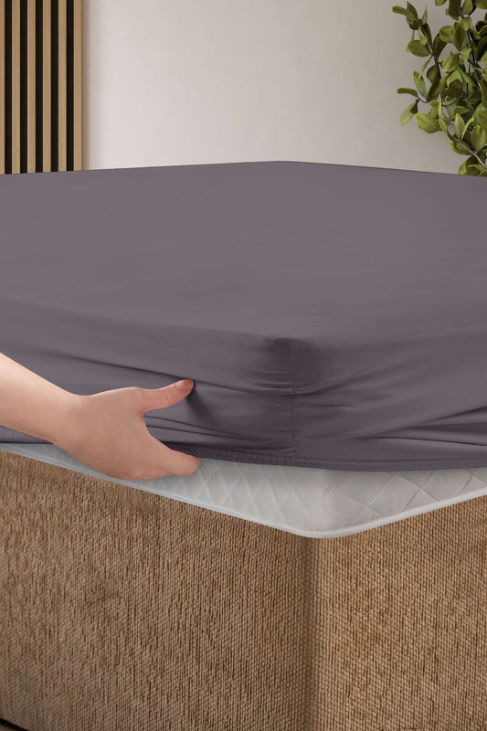 Creative Home Bed Sheets Fitted Sheet Set including 1 Fitted Sheet 2 Pillowcases 3 pcs Set - Anthracite color bed sheets on a bed in a bedroom with a lamp and plant, BS-FC-FSS-Qckslvr-Q,BS-FC-FSS-Qckslvr-K