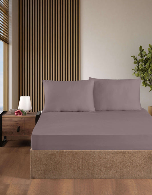 Creative Home Bed Sheets Fitted Sheet Set including 1 Fitted Sheet 2 Pillowcases 3 pcs Set - Lilac Purple bed sheets on a bed in a bedroom with a lamp and plant, BS-FC-FSS-Lilac-Q,BS-FC-FSS-Lilac-K