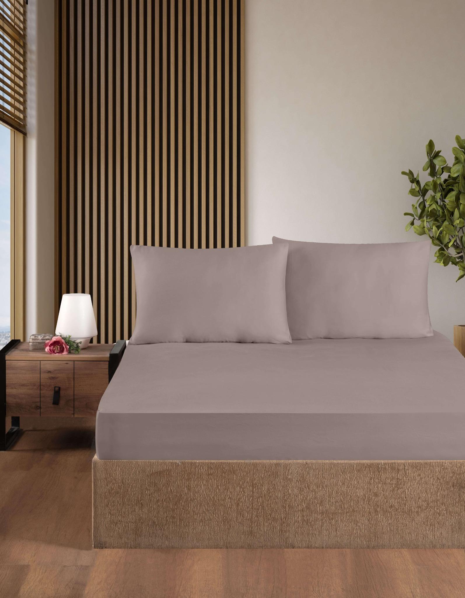Creative Home Bed Sheets Fitted Sheet Set including 1 Fitted Sheet 2 Pillowcases 3 pcs Set - Mink color bed sheets on a bed in a bedroom with a lamp and plant, BS-FC-FSS-Mink-Q,BS-FC-FSS-Mink-K