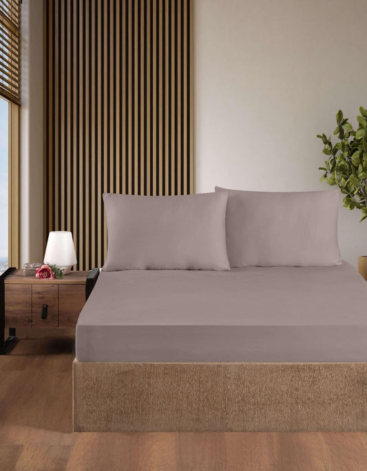 Creative Home Bed Sheets Fitted Sheet Set including 1 Fitted Sheet 2 Pillowcases 3 pcs Set - Mink color bed sheets on a bed in a bedroom with a lamp and plant, BS-FC-FSS-Mink-Q,BS-FC-FSS-Mink-K