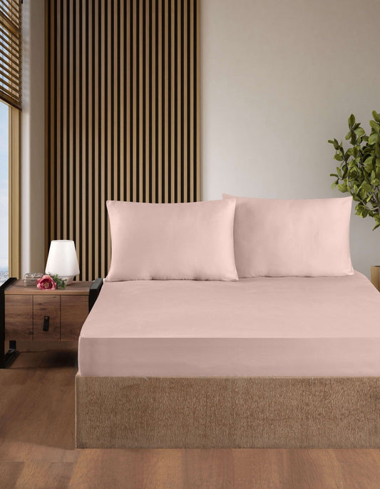 Creative Home Bed Sheets Fitted Sheet Set including 1 Fitted Sheet 2 Pillowcases 3 pcs Set - Lilac Purple bed sheets on a bed in a bedroom with a lamp and plant, BS-FC-FSS-Pwdr-Q,BS-FC-FSS-Pwdr-K