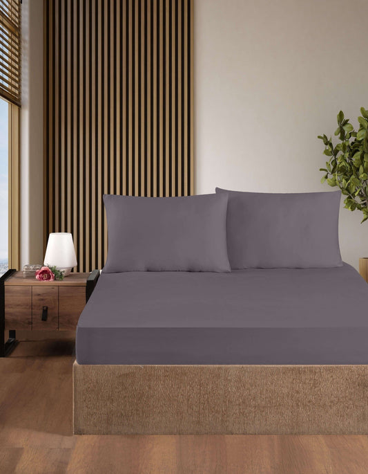 Creative Home Bed Sheets Fitted Sheet Set including 1 Fitted Sheet 2 Pillowcases 3 pcs Set - Anthracite color bed sheets on a bed in a bedroom with a lamp and plant, BS-FC-FSS-Qckslvr-Q,BS-FC-FSS-Qckslvr-K