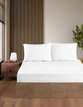 Creative Home Bed Sheets Fitted Sheet Set including 1 Fitted Sheet 2 Pillowcases 3 pcs Set - White bed sheets on a bed in a bedroom with a lamp and plant, BS-FC-FSS-White-Q,BS-FC-FSS-White-K