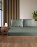 Creative Home Bed Sheets Fitted Sheet Set including 1 Fitted Sheet 2 Pillowcases 3 pcs Set - Moonmist Green bed sheets on a bed in a bedroom with a lamp and plant, BS-FC-FSS-Momist-Q,BS-FC-FSS-Momist-K