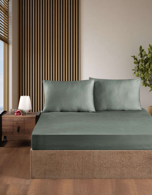 Creative Home Bed Sheets Fitted Sheet Set including 1 Fitted Sheet 2 Pillowcases 3 pcs Set - Moonmist Green bed sheets on a bed in a bedroom with a lamp and plant, BS-FC-FSS-Momist-Q,BS-FC-FSS-Momist-K