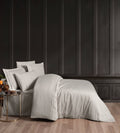 Creative Home Duvet Cover Set - Beige bedding set with embroidered details on a bed against a dark headboard. DC-FC-GOMEZ-Bei-Q,DC-FC-GOMEZ-Bei-K