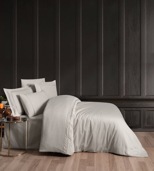 Creative Home Duvet Cover Set - Beige bedding set with embroidered details on a bed against a dark headboard. DC-FC-GOMEZ-Bei-Q,DC-FC-GOMEZ-Bei-K