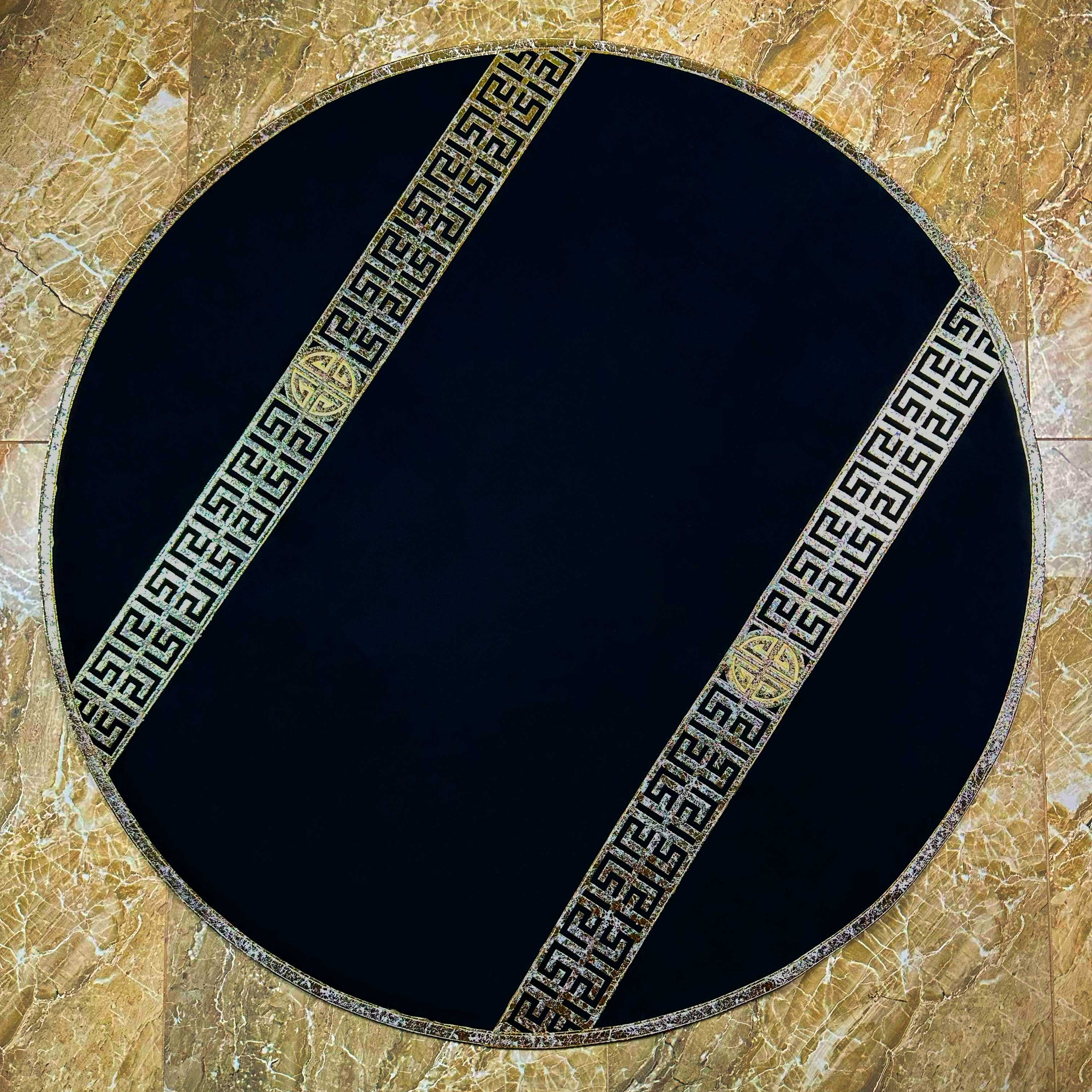 Hera Round Luxury Black & Gold Rug, Greek Key Pattern Leather Mat, Washable Turkish Carpet,RUGR-CH-HERA-BlaGo-140,RUGR-CH-HERA-BlaGo-180,RUGR-CH-HERA-BlaGo-220