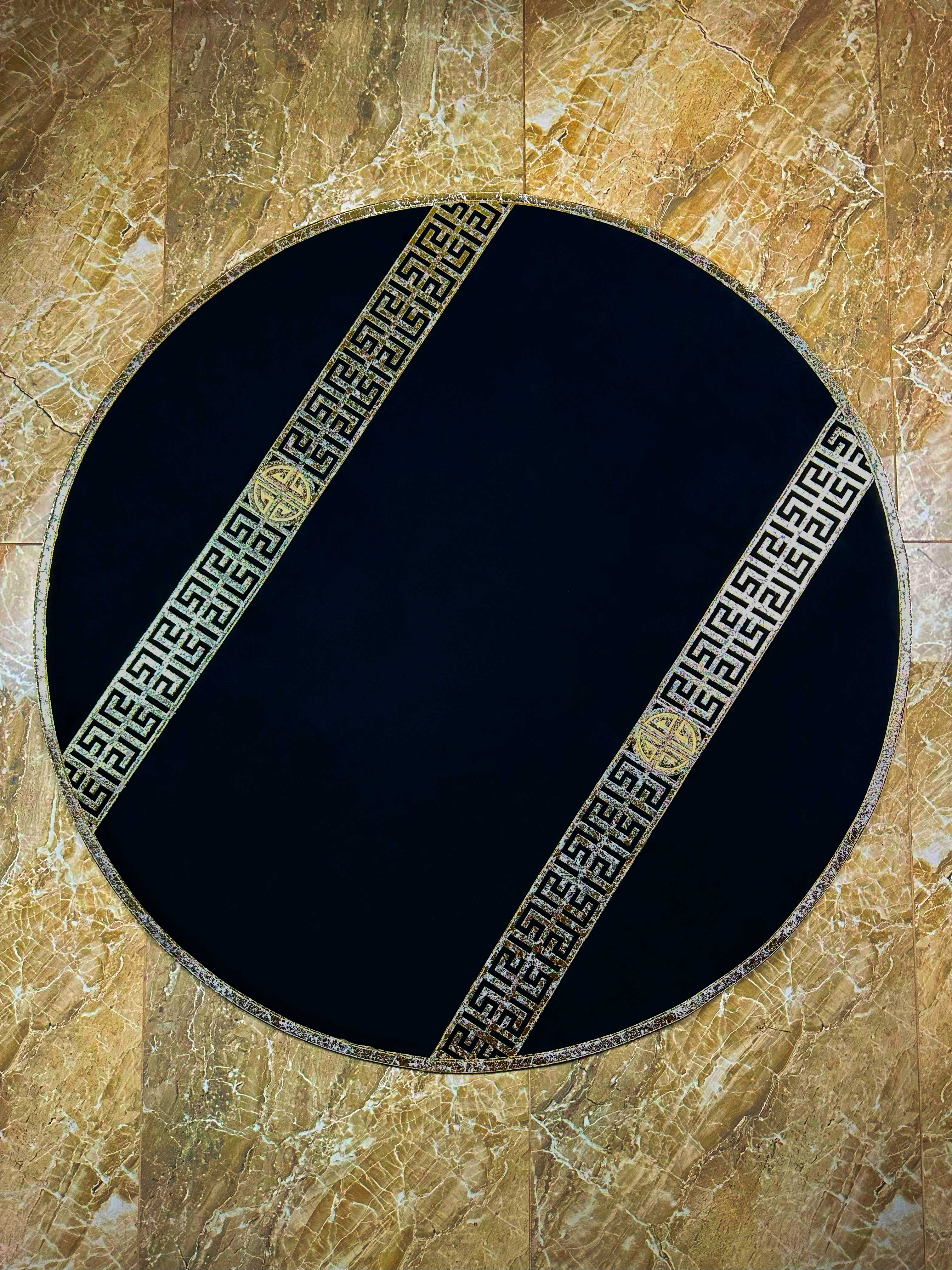 Greek Round Rug Texture Hera Round Luxury Rug, Greek Key Pattern Leather Mat, Washable Carpet