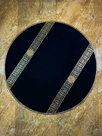 Hera Round Luxury Black & Gold Rug, Greek Key Pattern Leather Mat, Washable Turkish Carpet,RUGR-CH-HERA-BlaGo-140,RUGR-CH-HERA-BlaGo-180,RUGR-CH-HERA-BlaGo-220