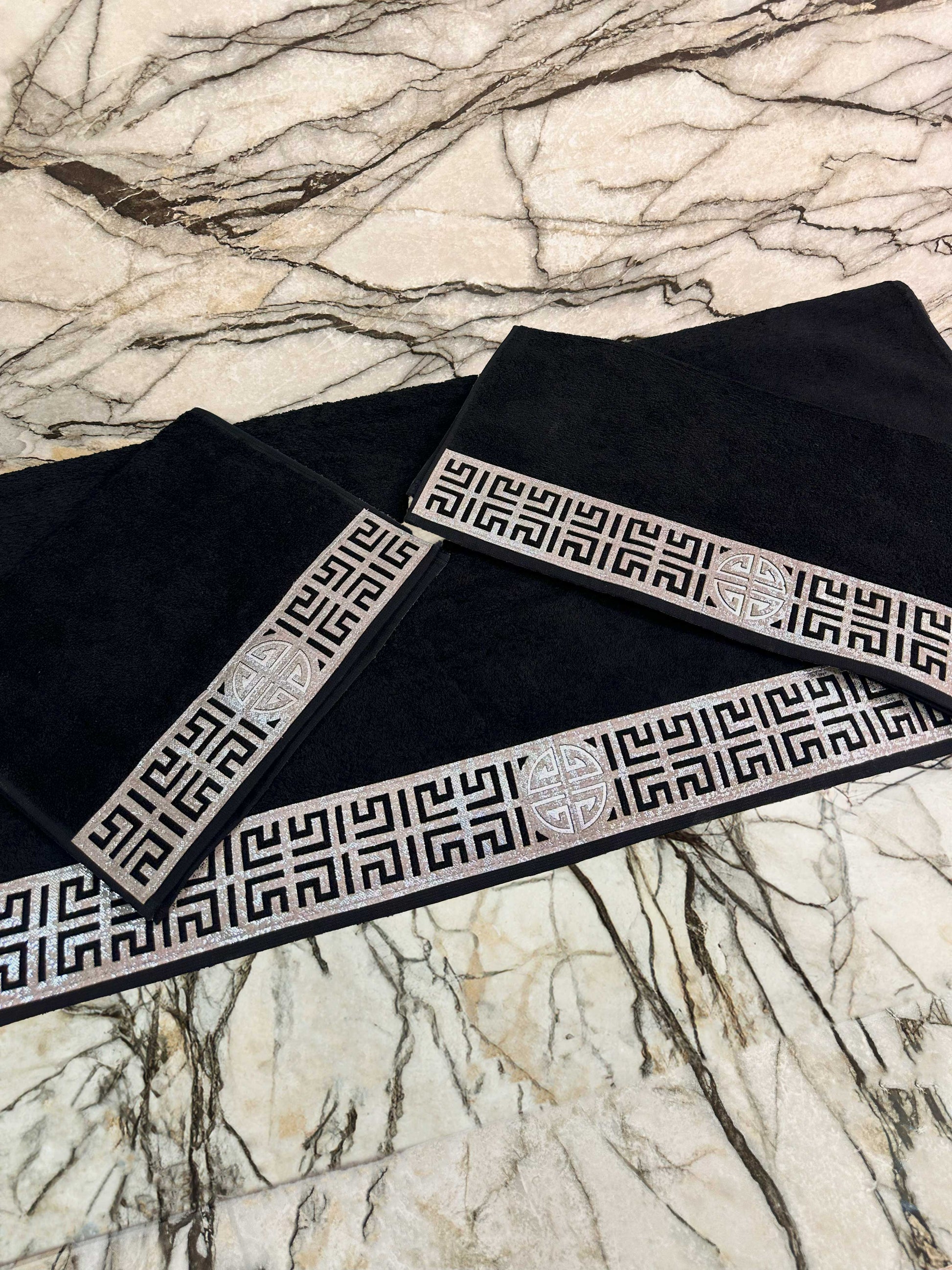 Hera Towel Set - Creative Home Designs, Luxury Soft Turkish Bathing Towels, Bamboo Bath Towel, Hand Towel & Washcloth, Black & Vintage Silver Towels, TS-CH-HERA-BlaVSi