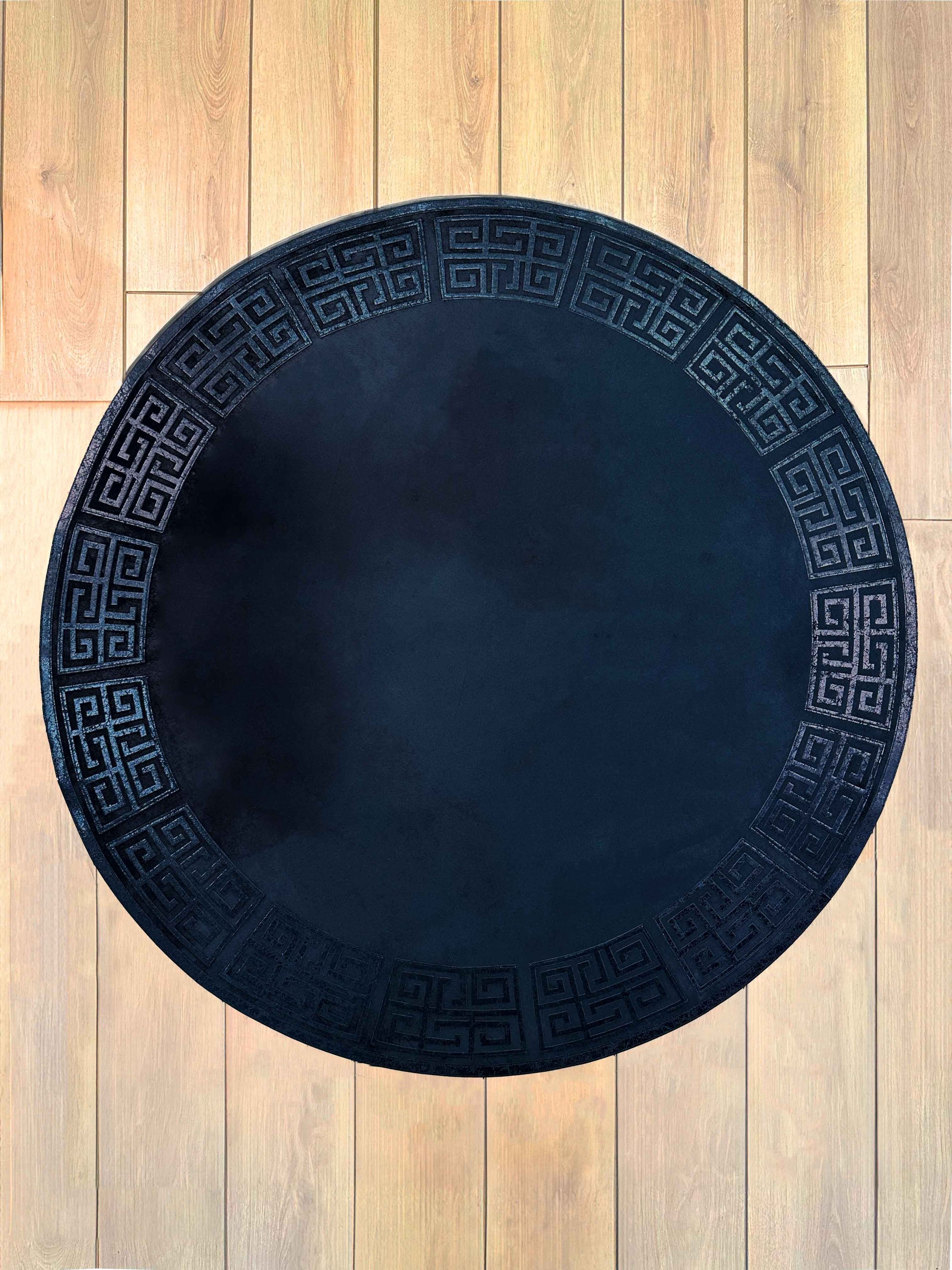 Anka Round Luxury Rug by Creative Home, Greek Key Versace Pattern Leather Mat, Black & Ancient Copper color Washable Carpet,RUGR-CH-ANKALE-BlaABla-140