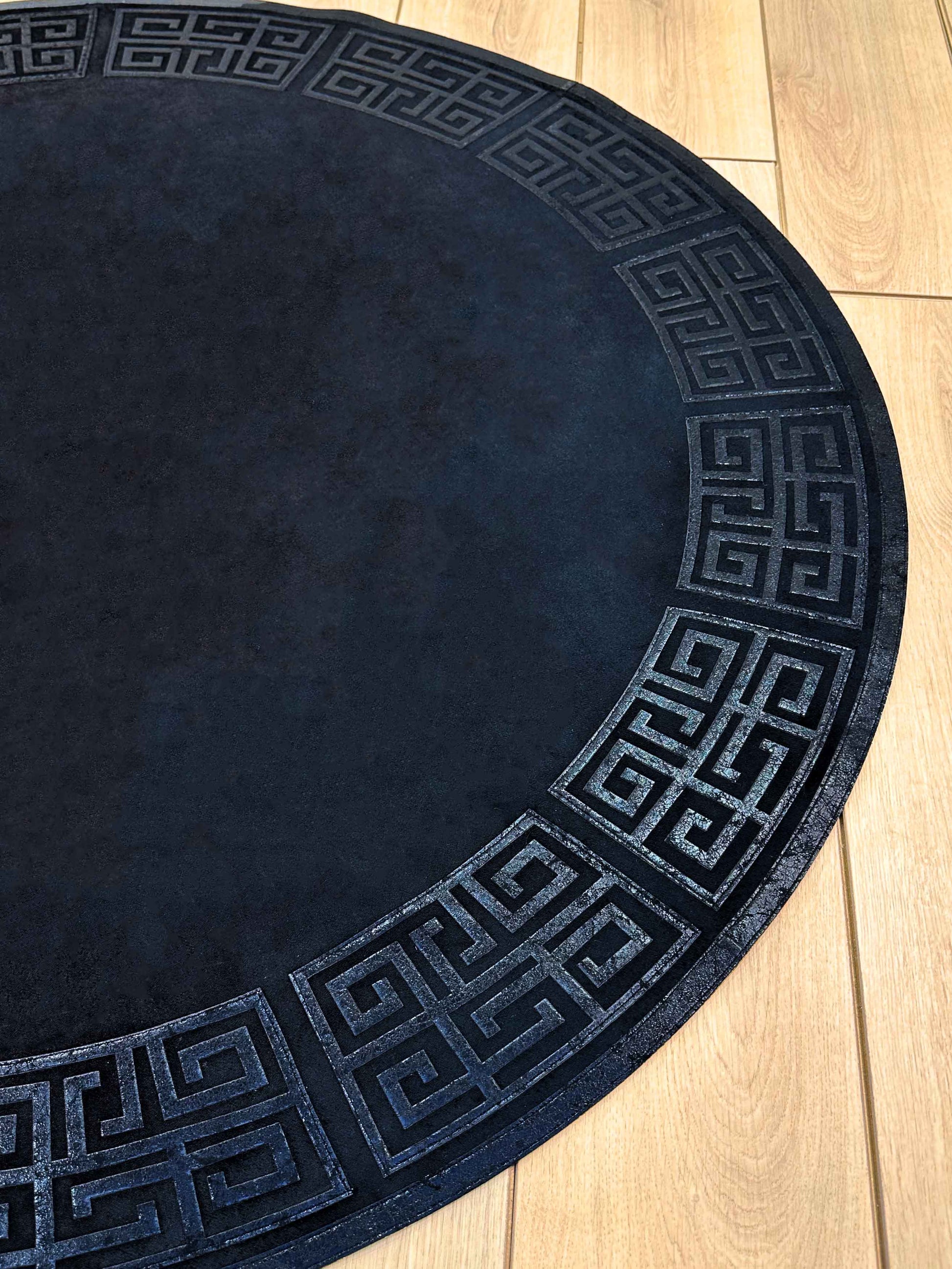 Anka Round Luxury Rug by Creative Home, Greek Key Versace Pattern Leather Mat, Black & Ancient Copper color Washable Carpet,RUGR-CH-ANKALE-BlaABla-140