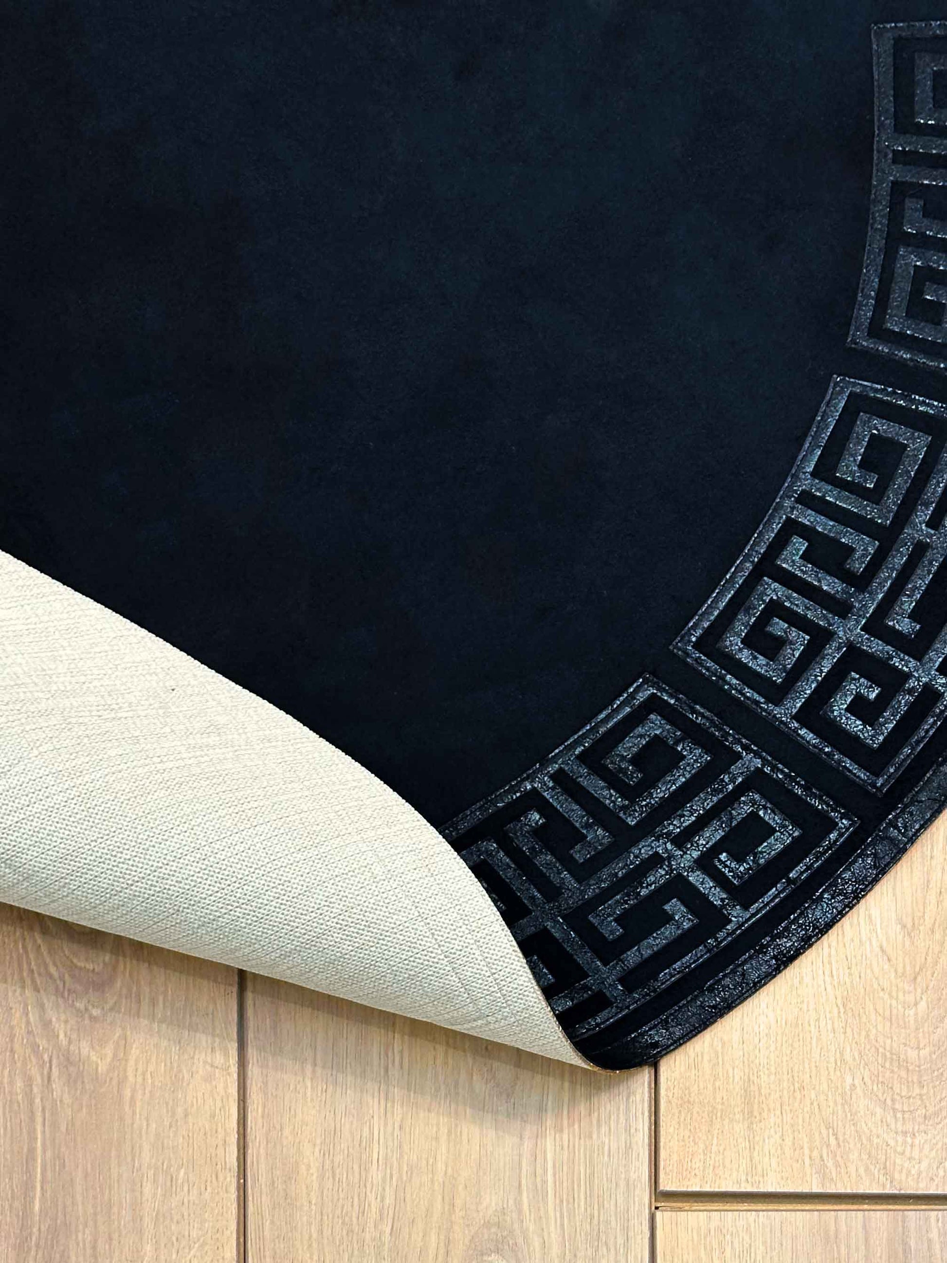 Anka Round Luxury Rug by Creative Home, Greek Key Versace Pattern Leather Mat, Black & Ancient Copper color Washable Carpet,RUGR-CH-ANKALE-BlaABla-140