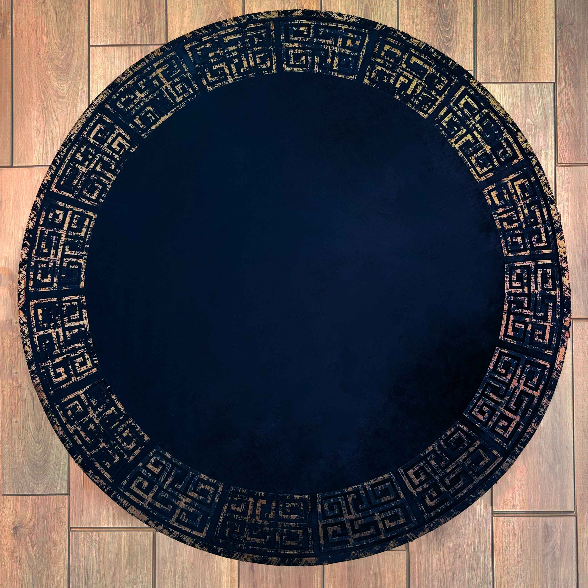 Anka Round Luxury Rug by Creative Home, Greek Key Versace Pattern Leather Mat, Black & Ancient Copper color Washable Carpet,RUGR-CH-ANKALE-BlaACop-140