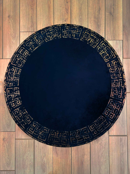 Anka Round Luxury Rug by Creative Home, Greek Key Versace Pattern Leather Mat, Black & Ancient Copper color Washable Carpet,RUGR-CH-ANKALE-BlaACop-140