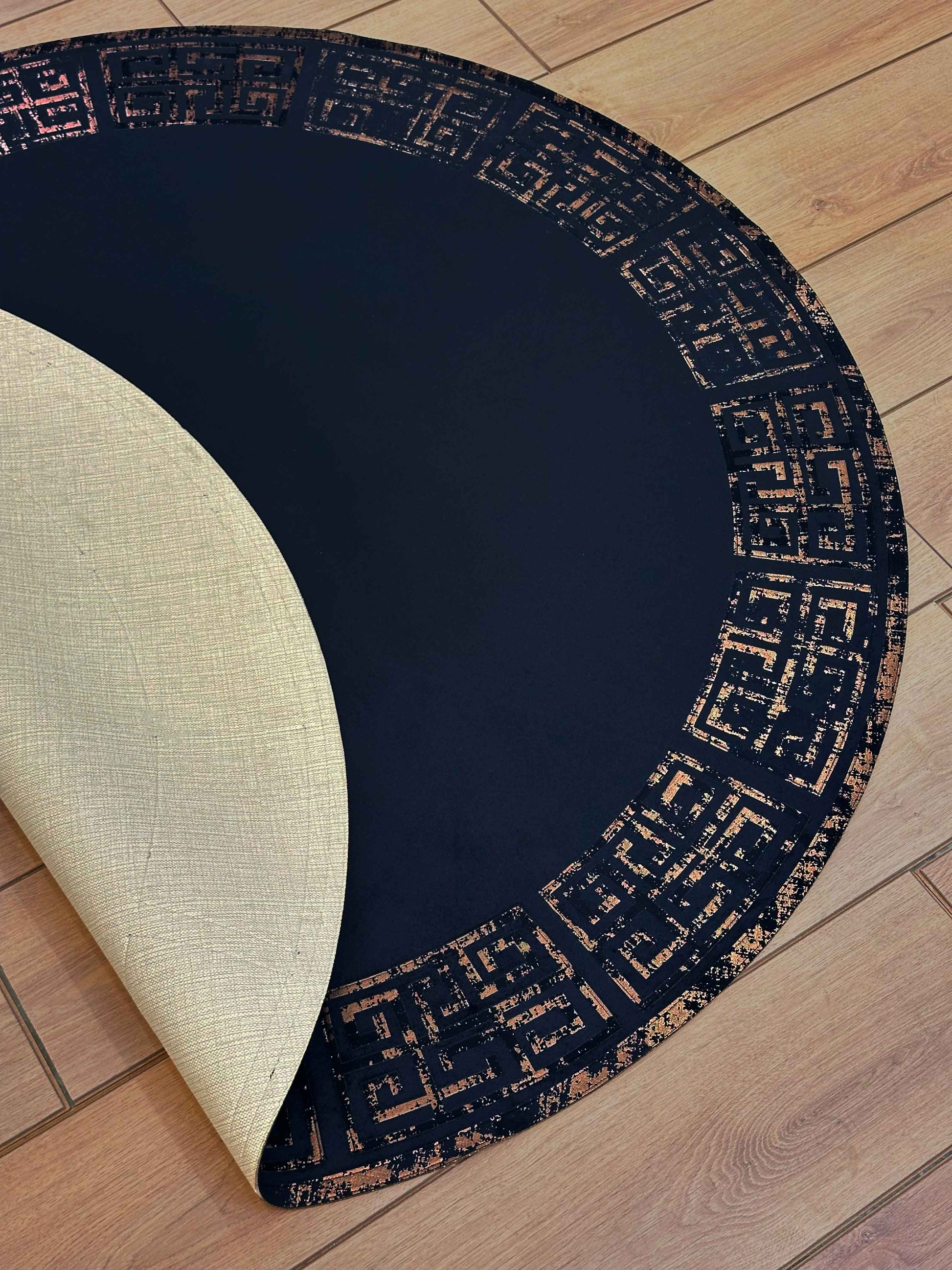 Anka Round Luxury Rug by Creative Home, Greek Key Versace Pattern Leather Mat, Black & Ancient Copper color Washable Carpet,RUGR-CH-ANKALE-BlaACop-140