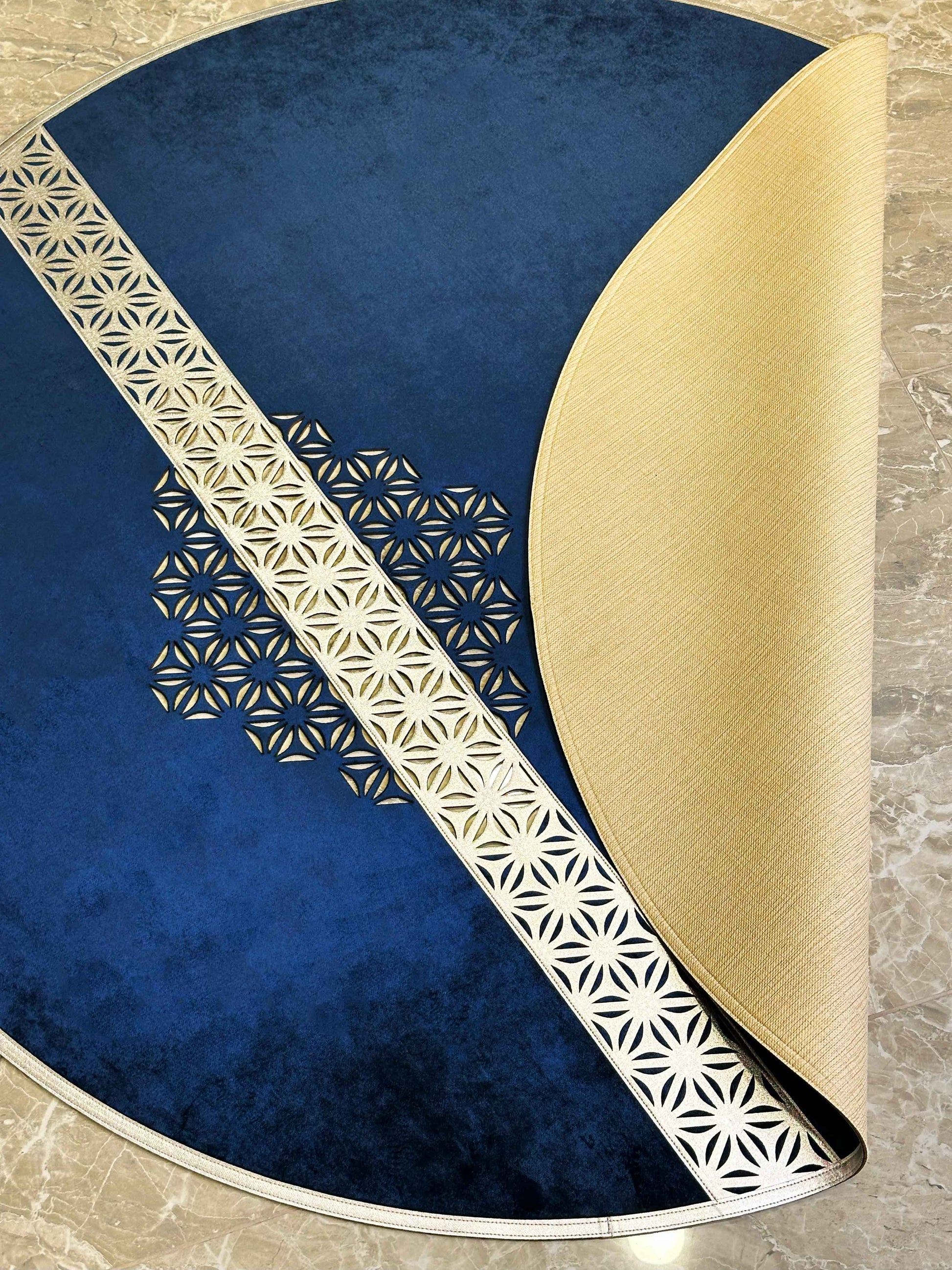 Yildiz Round Luxury Cut Through Modern Night Blue & Silver Rug by Creative Home, Turkish Leather Circular Mat, Washable Turkish Circle Carpet,RUGR-CH-YLDZ-NBluSi-140,RUGR-CH-YLDZ-NBluSi-180,RUGR-CH-YLDZ-NBluSi-220