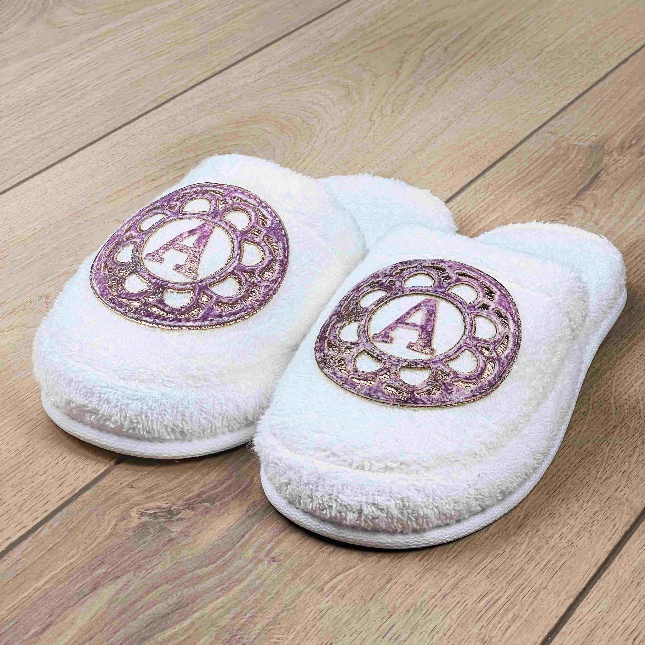 Lyra Women's Custom Initial Slippers, Soft House & Spa Terry Slippers by Creative Home,SLPW-CH-LYRA-EcPi-3738,SLPW-CH-LYRA-EcPi-3940