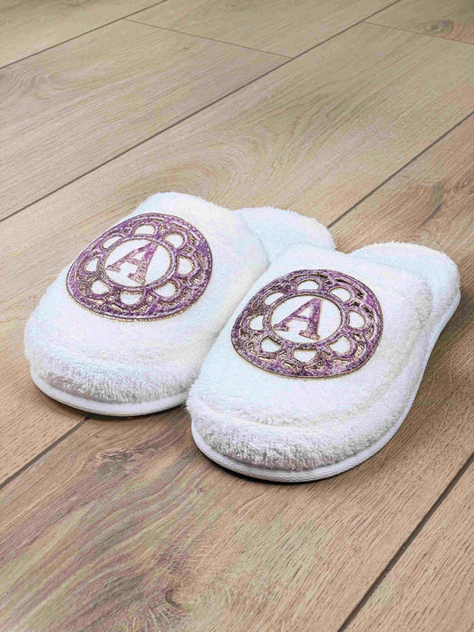 Lyra Women's Custom Initial Slippers, Soft House & Spa Terry Slippers by Creative Home,SLPW-CH-LYRA-EcPi-3738,SLPW-CH-LYRA-EcPi-3940