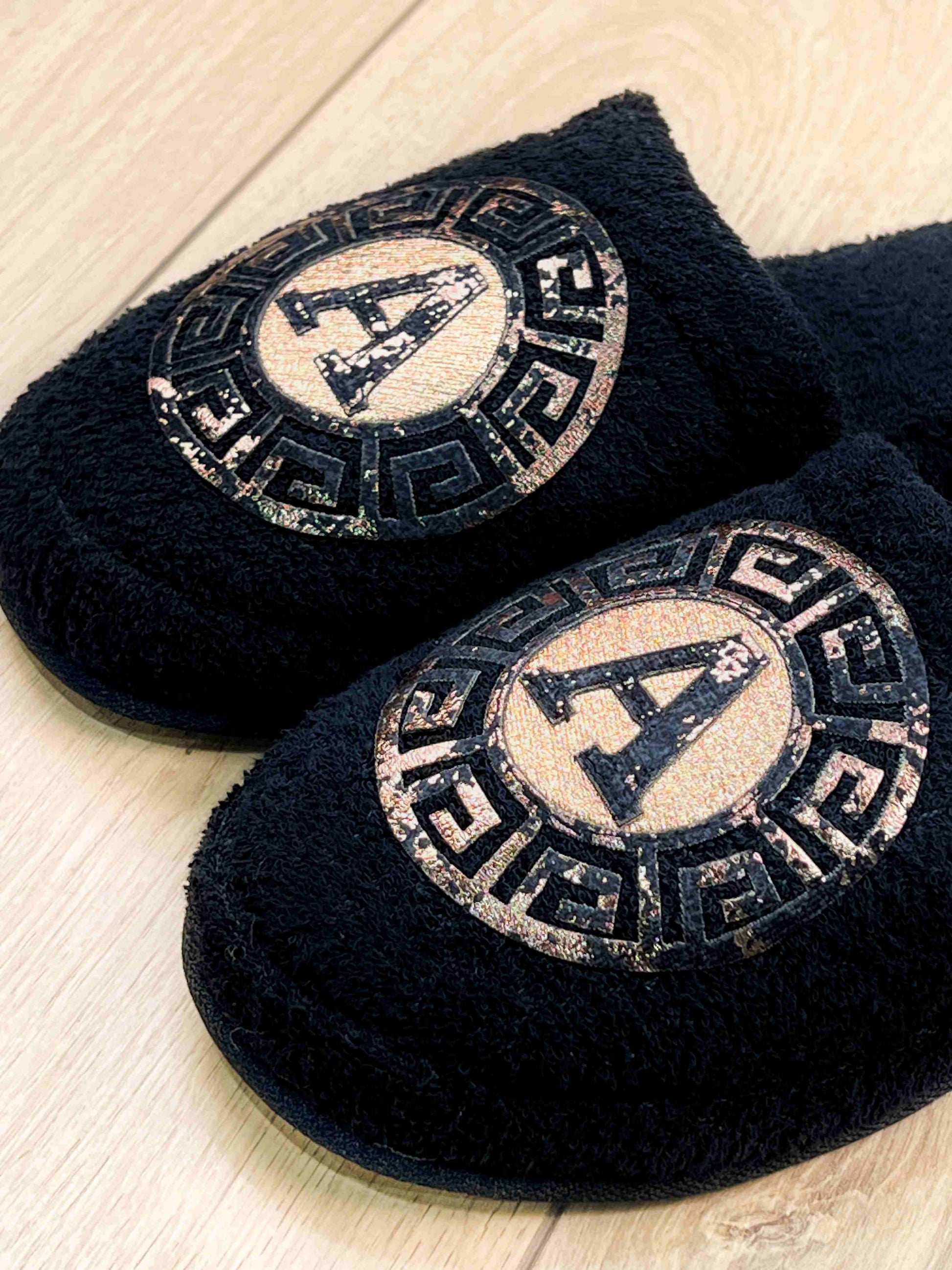 Kaan Men's Custom Monogram Slippers, Soft House & Spa Terry Slippers with Initials by Creative Home,SLPM-CH-KAAN-BlaCop-4244,SLPM-CH-KAAN-BlaCop-4547