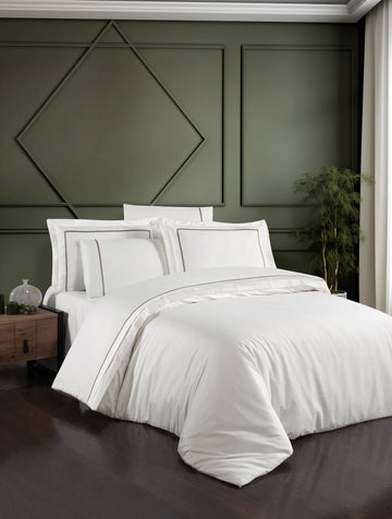 Creative Home by Müge Bilgen - Pierre Duvet Cover - White bedding set on a bed in a bedroom with green walls,DC-FC-PIERRE-Cr-Q,DC-FC-PIERRE-Cr-K