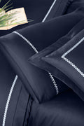 Creative Home by Müge Bilgen - Pierre Duvet Cover - Navy bedding set on a bed in a bedroom with green walls,DC-FC-PIERRE-Nvy-Q,DC-FC-PIERRE-Nvy-K