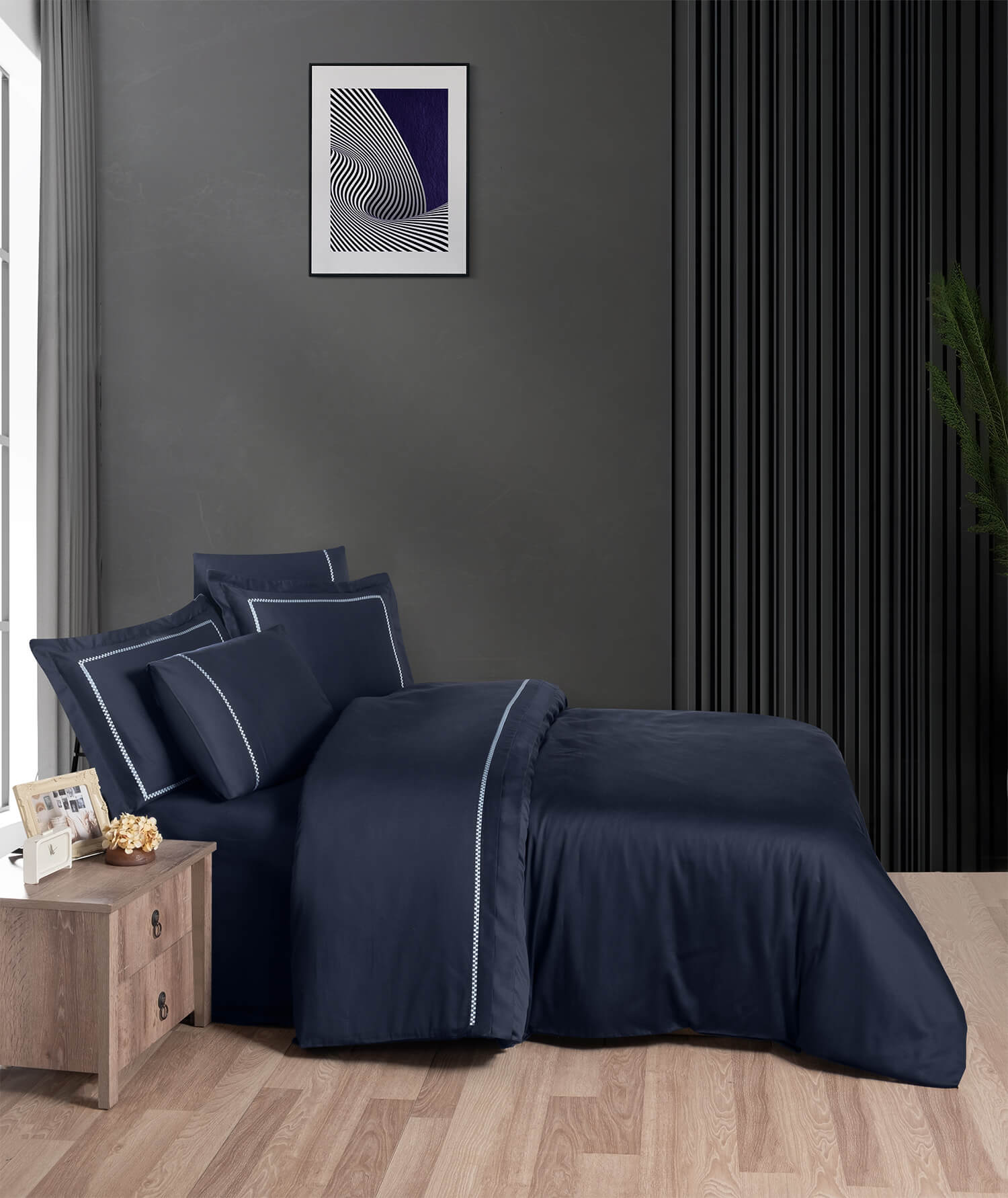 Creative Home by Müge Bilgen - Pierre Duvet Cover - Navy bedding set on a bed in a bedroom with green walls,DC-FC-PIERRE-Nvy-Q,DC-FC-PIERRE-Nvy-K