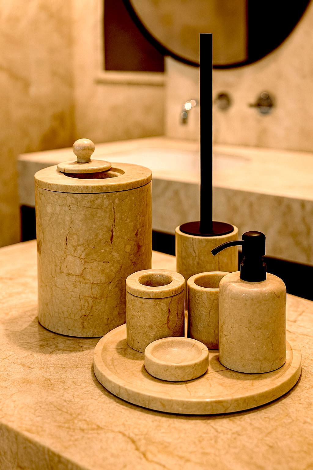 Luxury Toros beige gold marble bathroom accessory set with gold accents displayed on a dark marble countertop, featuring lotion dispenser, cotton jar, toothbrush holder, soap dish, tray, waste basket, and toilet brush — handcrafted Turkish marble décor by Creative Home Designs,BAS-KRYKK-TOROS-BEIBla-S7,BAS-KRYKK-TOROS-BEIBla-S5