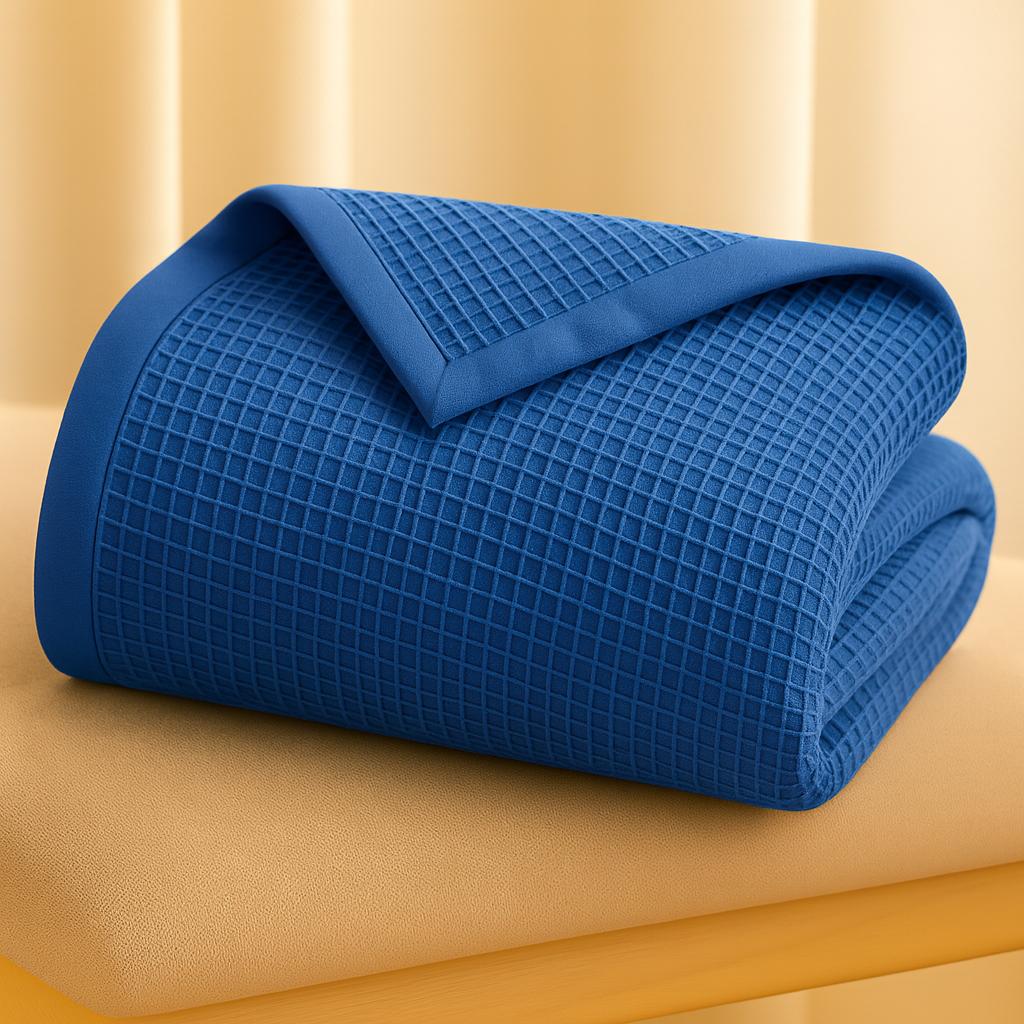 Bedroom with a neatly made bed styled with a 100% Turkish cotton waffle blanket, showing its textured waffle weave and cozy bedcover look as throw blanket by Creative Home.BB-DesH-WaBlnkt-DeBlu-6070,BB-DesH-WaBlnkt-DeBlu-Tw,BB-DesH-WaBlnkt-DeBlu-Q,BB-DesH-WaBlnkt-DeBlu-K,BB-DesH-WaBlnkt-DeBlu-100118,BB-DesH-WaBlnkt-DeBlu-100125