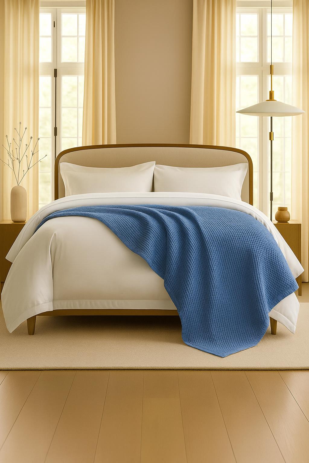 Bedroom with a neatly made bed styled with a 100% Turkish cotton waffle blanket, showing its textured waffle weave and cozy bedcover look as throw blanket by Creative Home.BB-DesH-WaBlnkt-DeBlu-6070,BB-DesH-WaBlnkt-DeBlu-Tw,BB-DesH-WaBlnkt-DeBlu-Q,BB-DesH-WaBlnkt-DeBlu-K,BB-DesH-WaBlnkt-DeBlu-100118,BB-DesH-WaBlnkt-DeBlu-100125