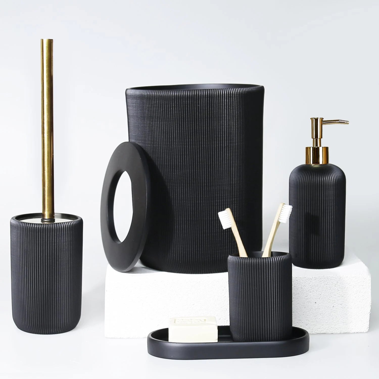 Nida Black & Gold Color Bathroom Accessory Set, Luxury Striped Bath Decor, Chich Resin Bath Set by Creative Home,BAS-SLM-NIDA-Bla