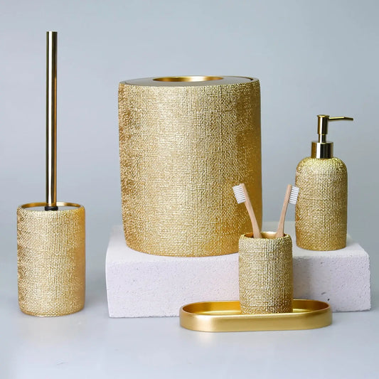 Ebru Gold Color 5 Piece Bathroom Accessory Set, Luxury Resin Modern Bath Decor by Creative Home,BAS-SLM-EBRU-G