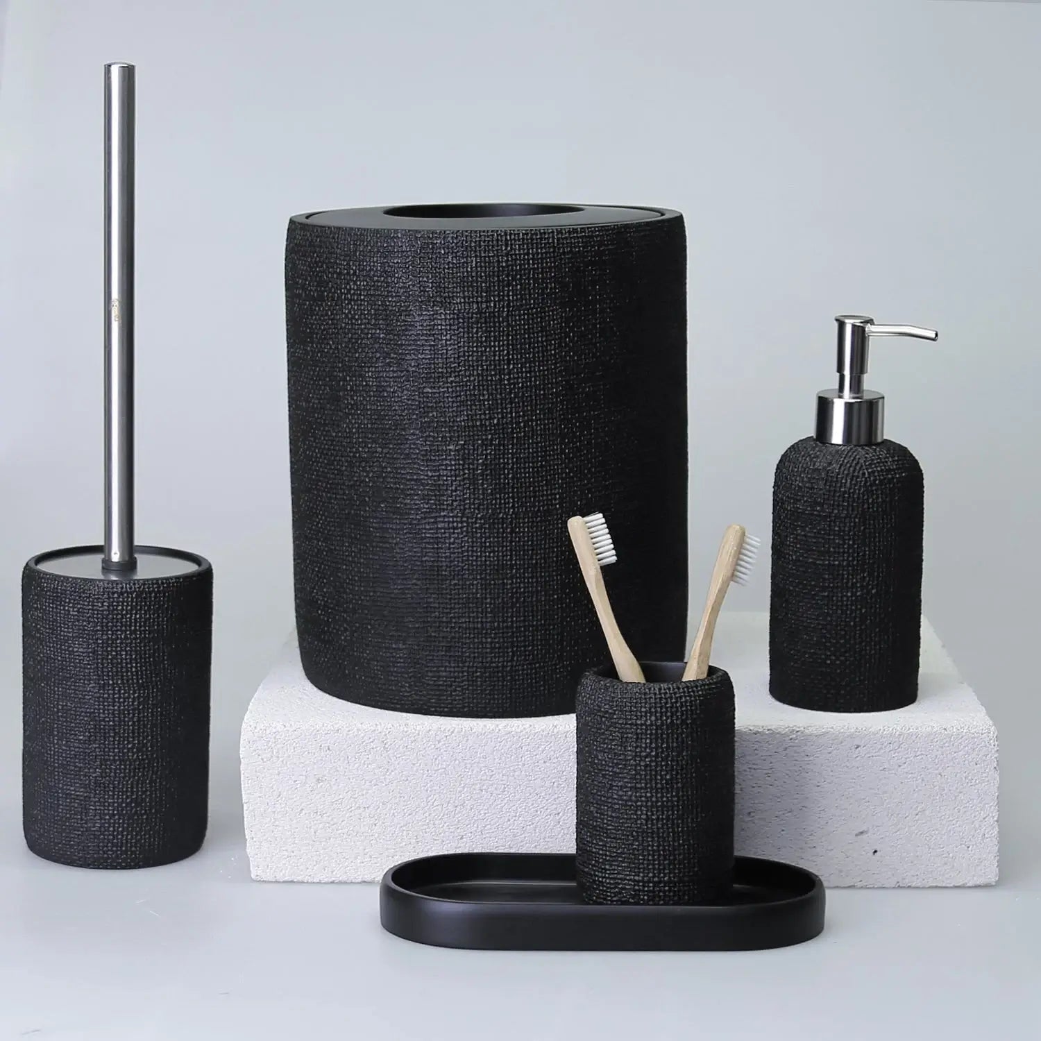 Ebru Black Color 5 Piece Bathroom Accessory Set, Luxury Resin Modern Bath Decor by Creative Home,BAS-SLM-EBRU-B