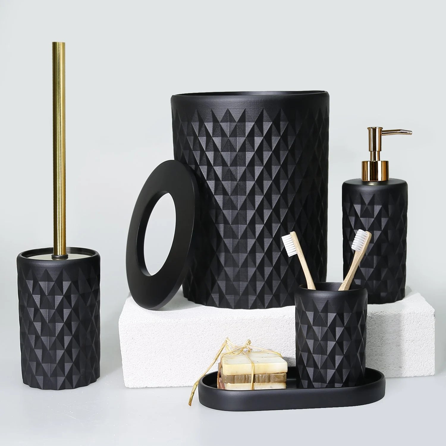 Zulal Bathroom Set by Creative Home, Black & Gold Color Bathroom Accessory Set, Luxury Tufted Diamond Bath Decor, Chich Resin Bath Set by Creative Home,BAS-SLM-ZLL-Bla